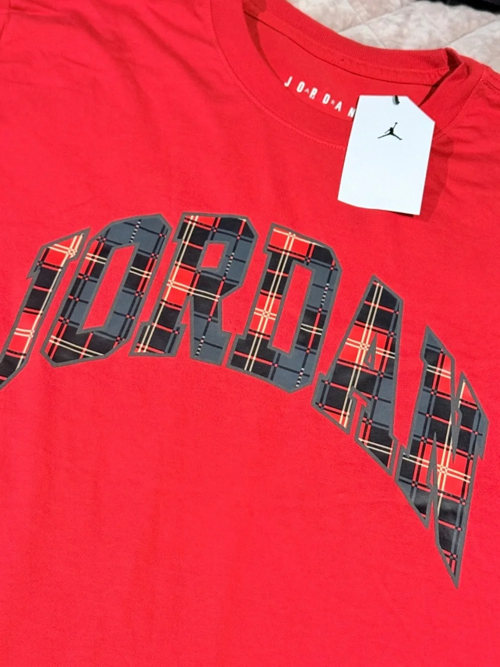 NWT Nike Air Jordan Holiday Plaid Arch Logo Graphic Tee Red XL